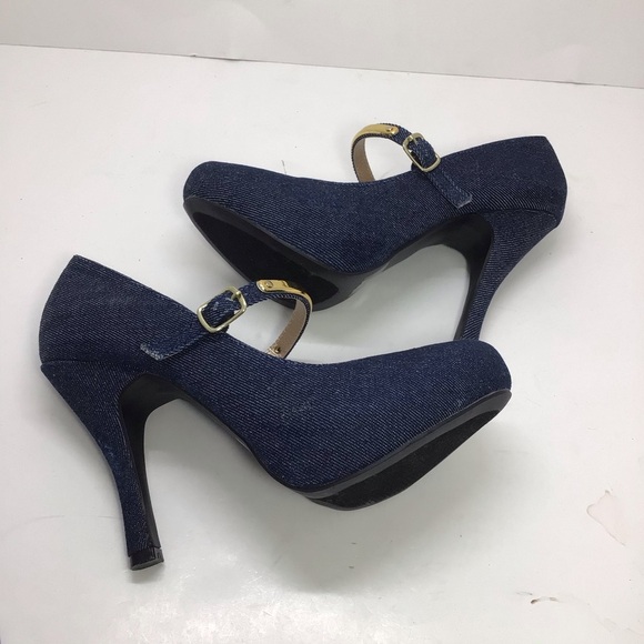 Qupid Denim Platform Metallic Mary Jane Stilettos - Picture 10 of 12